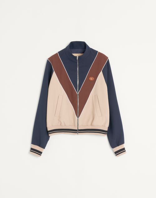 Valentino - Nylon Sweatshirt With Zip And Vlogo Patch - Blue/hazelnut/butter - Man - T-shirts And Sweatshirts